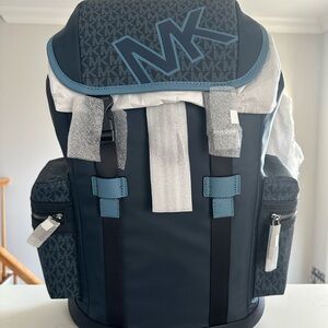 Michael Kors Men's Navy Backpack with Light Blue Trim and MK Logo